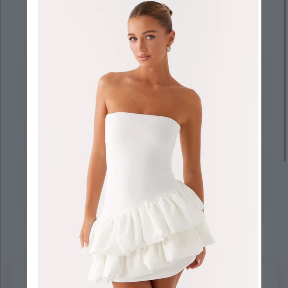 Peppermayo Marie Strapless White Ruffle Dress